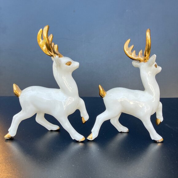 White Porcelain Reindeer With Gold Horns - Set of 3** - Picture 5 of 16